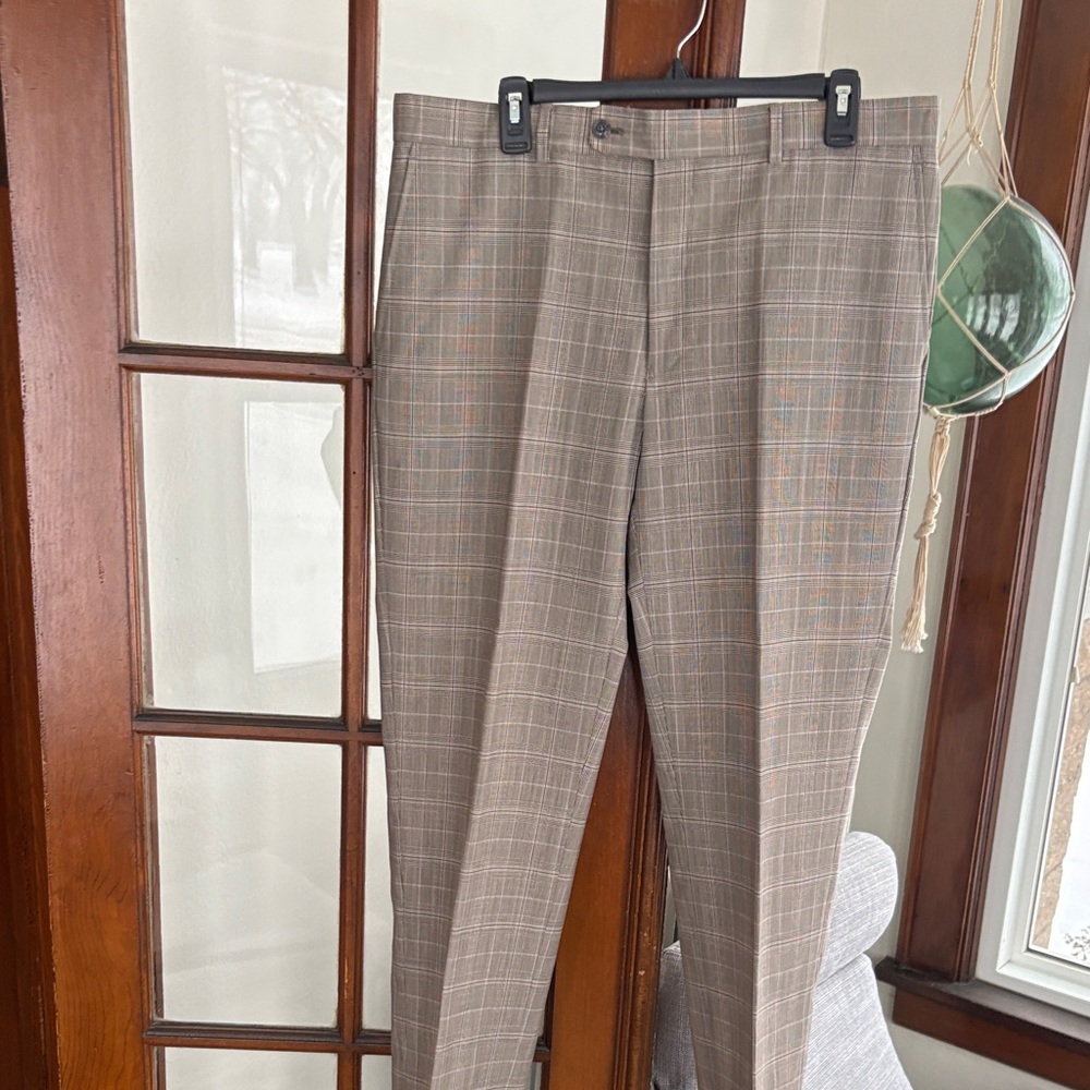 Men's Tan Plaid Dress Pants - Picture 2 of 7
